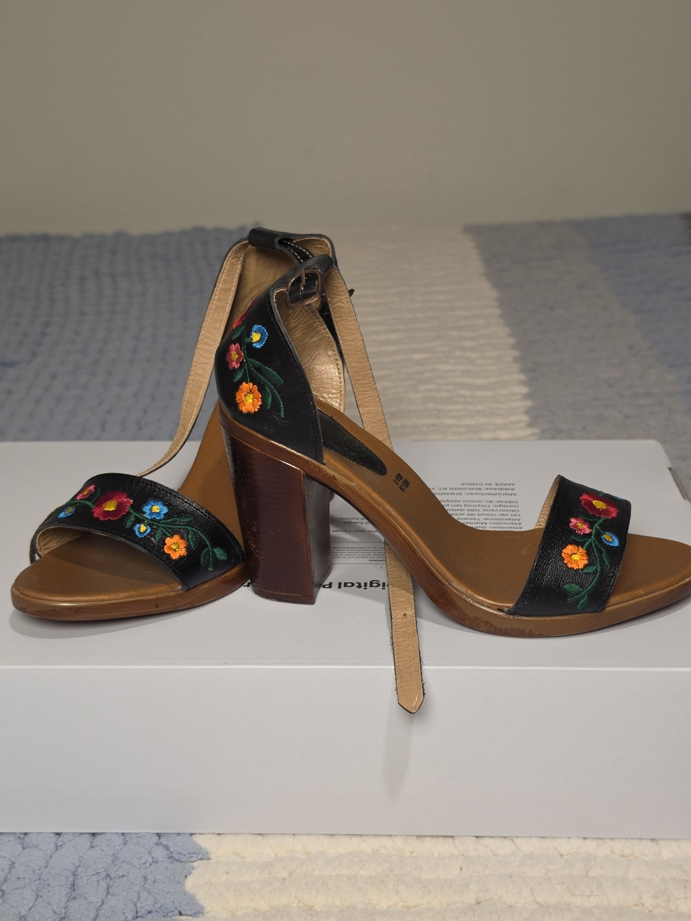Black Embroidered Floral Block Heel Sandals - Women